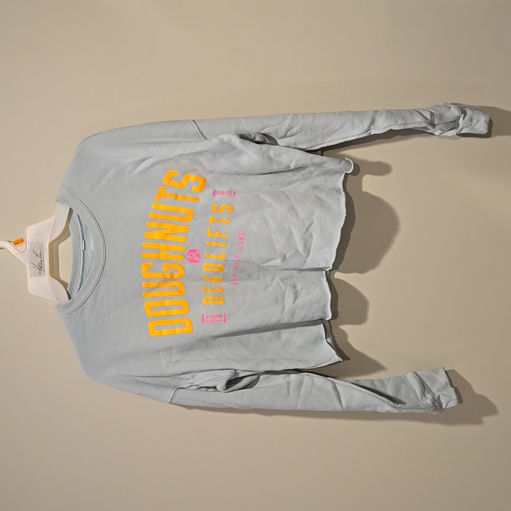 Doughnuts & Deadlifts Cropped Crewneck Sweatshirt, Pale Blue, Medium